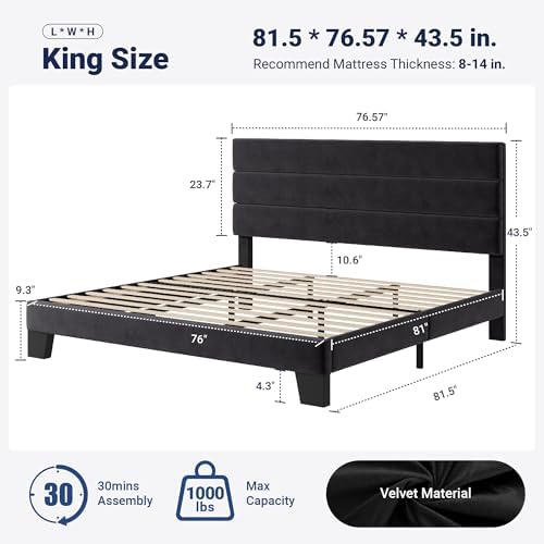 Allewie King Size Platform Bed Frame with Velvet Upholstered Headboard - Image 2