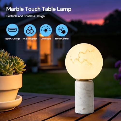 Natural Carrara White Table Lamp Cordless Rechargeable Marble Touch Night Light with Glass Shade 3 Color Adjustable LED Dimmable Ambient Lighting for Bedroom Living Room Desk Shelf - Image 2