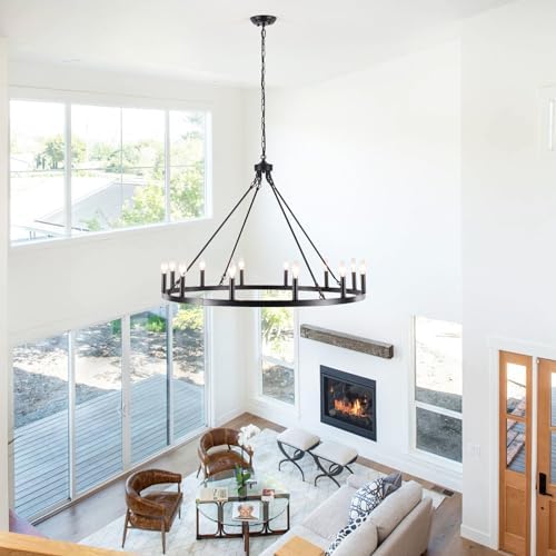 Wagon Wheel Chandelier 12 Light 38" Large Black Farmhouse Chandelier for Dining Room Rustic Country Pendant Light Fixtures Hanging Modern Round Chandeliers for Living Room High Ceilings Foyer Entryway - Image 2