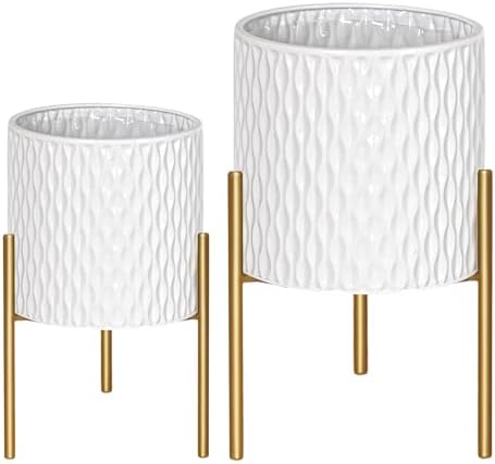 ARNIS Plants Pots with Stand, Set of 2 Planters, Unique Mid Century Decorative Metal Flower Pots with Drainage, 10.5 & 12.25 Inch, White and Gold - Image 6