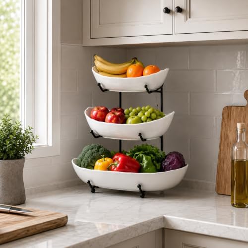 HBlife 3 Tier Large Fruit Bowl, Ceramic Fruit Basket for Kitchen Counter - Image 2