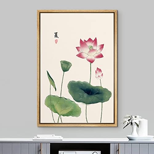 NWT Framed Canvas Print Wall Art Japanese Style Watercolor Pink Lotus Flowers Floral Plants Illustrations Modern Art Rustic Scenic Colorful Pastel for Living Room, Bedroom, Office - 16"x24" Natural - Image 2