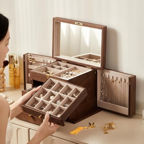 CHOSIN Black Walnut Wooden Jewelry Box for Women with Lock, Mirror, 4 Layer - Image 6