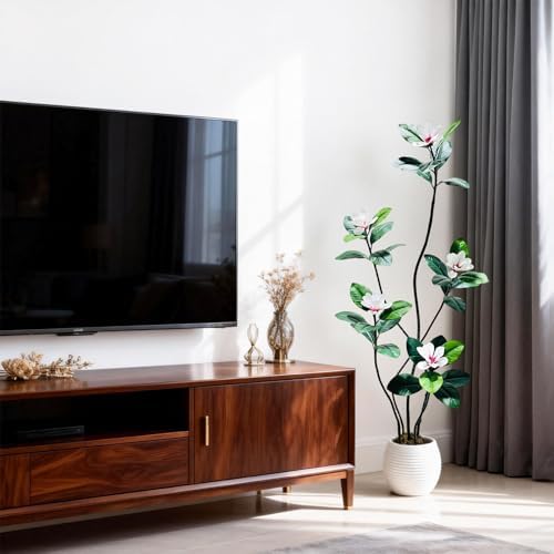 6FT Tall Lifelike Artificial Magnolia Tree with 5 Pcs Magnolia Flowers in White Planter Pot, Rubber Tree Faux Plants Indoor Artificial Plants & Flowers for Home Office Living Room Decor - Image 5