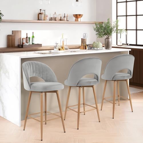 Swivel Bar Stools Set of 3, Counter Height Barstools for Kitchen Island, 26" Seat Height Bar Chairs for Dining Room, Velvet Upholstered Bar Stool with Back and Footrest, Gray - Image 6