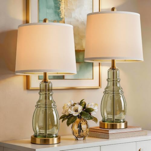 ROTTOGOON Glass Table Lamp Set of 2, Modern Table Lamps for Living Room Bedroom, Bedside Desk Lamps Vintage Nightstand Lamps with Linen Shades, 22", Green by ROTTOGOON