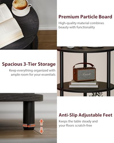 XBurmo Small Round End Table - 3 Tier Design Accent Table, Narrow Side or Bedside Stand, Industrial Vintage Nightstand for Bedroom, Living Room, or Small Spaces, Set of 2, Charcoal Wenge - Image 5