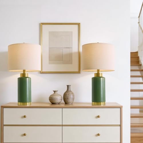 USumkky 25" Green Ceramic Table Lamp Set of 2, Modern Mid-Century Bedside Nightstand Lamps for Bedroom Living Room, Linen Shade & Gold Metal Base, Rotary Switch E26 (Bulbs Excluded) - Image 6