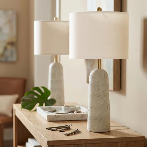 BOBOMOMO 27.25" Modern Table Lamp Set of 2, White Resin Table Lamps with Stone Look, Lamps for Living Room with Linen Shades, Bedside Lamps for Bedroom, Nightstand, Entryway - Image 3