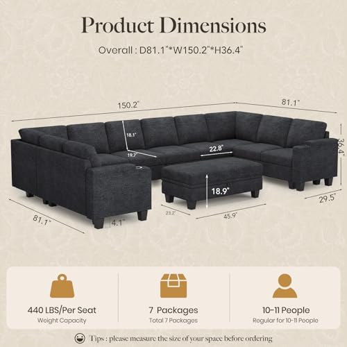 Belffin Oversized U Shaped Modular Sectional Couches for Living Room 10 Seater Modular Sofa Set with Storage Ottoman Large Sectional Couch with Cup Holder. Dark Grey Sofa - Image 2