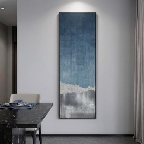 Large Framed Blue Gray Landscape Abstract Wall Art, Long Vertical 20x60 In - Image 3