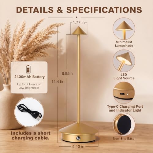 12 Pack Cordless Table Lamp, 3 Color Stepless Dimmable, Gold - Image 2