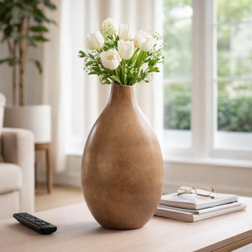 Teardrop Sagres Large Portugal Vase for Home and Bathroom Decor - Ceramic Earthenware for Bedroom, Living Room and Office - Casual Natural Flower Pot for Kitchen Counter Centerpiece - 21", Brown by NESSANDJORD