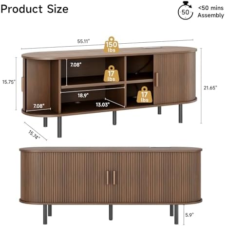 ONBRILL 55" TV Stand with Power Outlet & Storage for TVs up to 60", Walnut - Image 2