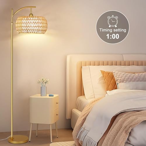 Gold Floor Lamp for Living Room with 3 Color Temperatures,Arc Boho Floor Lamps with Remote Control, Rattan Standing Lamp with Wicker Lamp Shades Dimmable Tall Floor Lamp For Bedroom Living Room Corner - Image 3