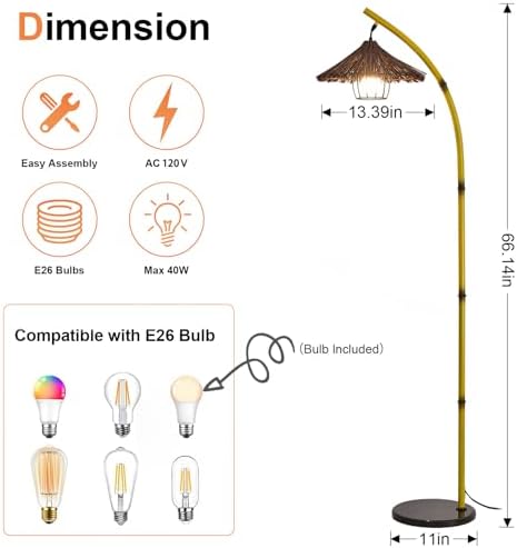 beaysyty Bamboo Floor lamp Mid Century Rattan Retro Floor lamp Bohemian,Arc Floor Lamps for Living Room Tall Reading Lamps Antique Rattan Style for Bedroom Dining Room Farmhouse Study (Yellow) - Image 3