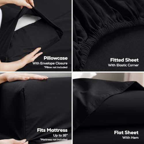 Twin XL Sheets Set, 3 Pieces 16" Deep Pocket Hotel Luxury Bed Sheets, Black - Image 3
