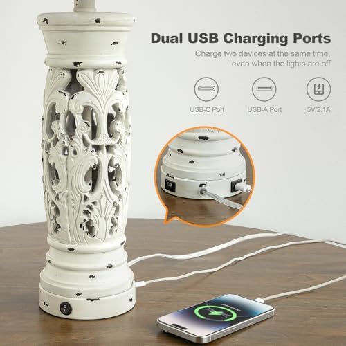 27.25" Farmhouse Lamp with Night Light, Rustic Table Lamps Set of 2, White - Image 3