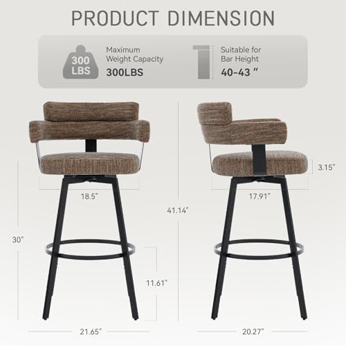30 Inch Bar Stools Set of 2 with Full Back, Swivel Bar Chairs with Linen Padded Back, Metal Footrest, Modern Bar Height Stools for Kitchen Island, Dining, Living Room, Brown - Image 2