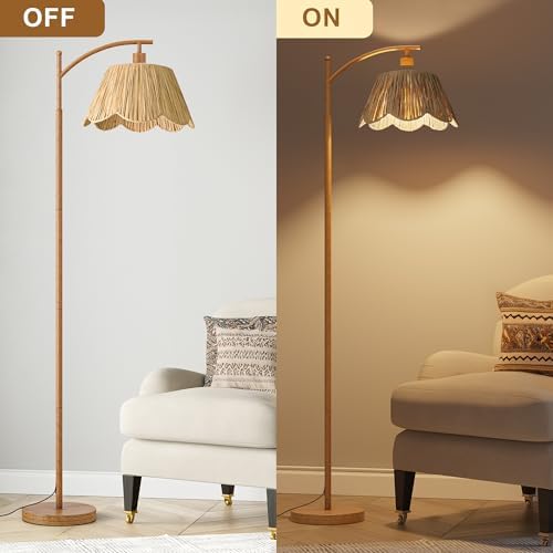 Oneach Rattan Floor Lamp for Bedroom, Boho Floor Lamp with Foot Switch, Farmhouse Standing Lamps for Living Room with Hand-Woven Shade, Walnut Metal Base & Pole - Image 5
