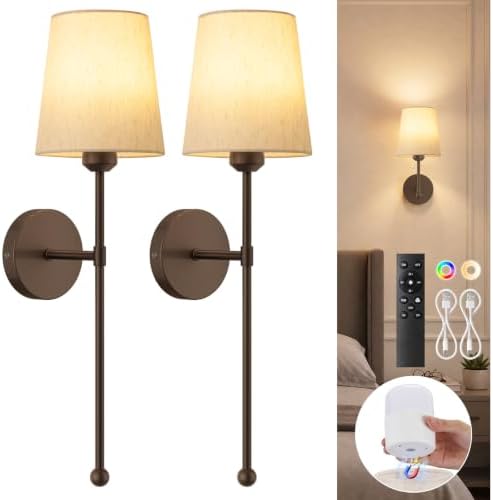 Battery Operated Wall Sconce, Brown and Beige Shade, Set of 2 by Percantis