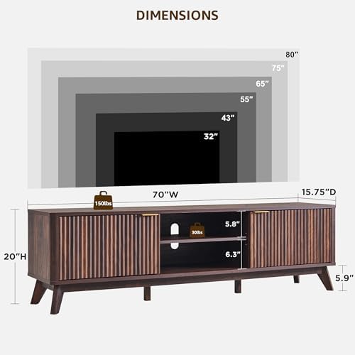 OKD 70" Mid Century Modern Fluted TV Stand w/ 2 Soft Close Door,Dark Walnut - Image 6