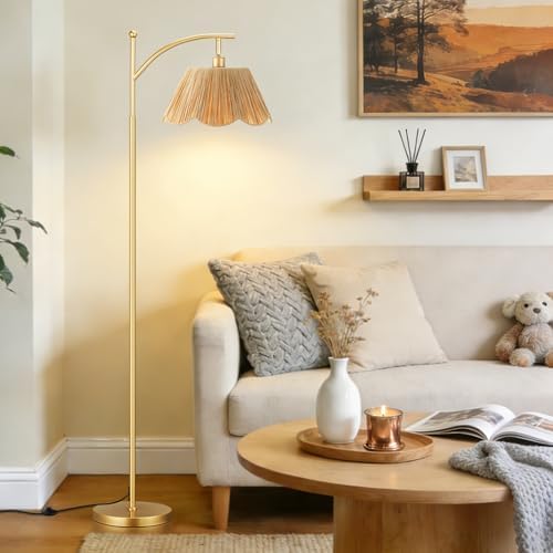 Ambimall 60" Floor Lamps for Living Room with 3 Color Temperatures, Gold Floor Lamp with Rattan Shade, Modern Tall Lamps for Bedroom Office, 9W LED Bulb Included by Ambimall