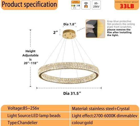 Modern LED Gold Ring Chandelier 31.5" Dimmable Adjustable Crystal Ring Pendant Light for Dining Room Living Room - Image 2