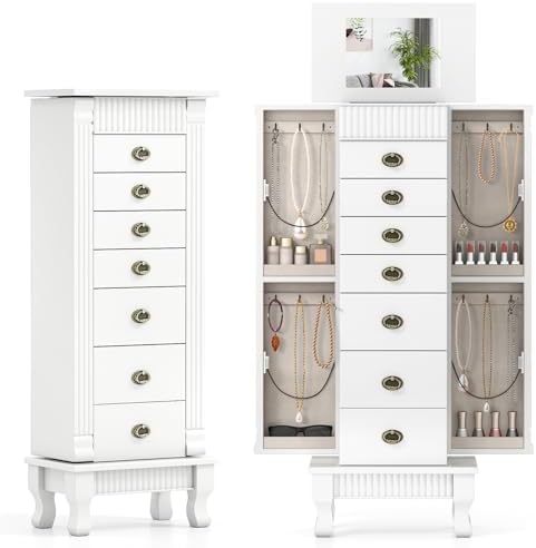 DREAMADE Jewelry Armoire, Standing Jewelry Box w/Mirror & 7 Drawers, White by DREAMADE
