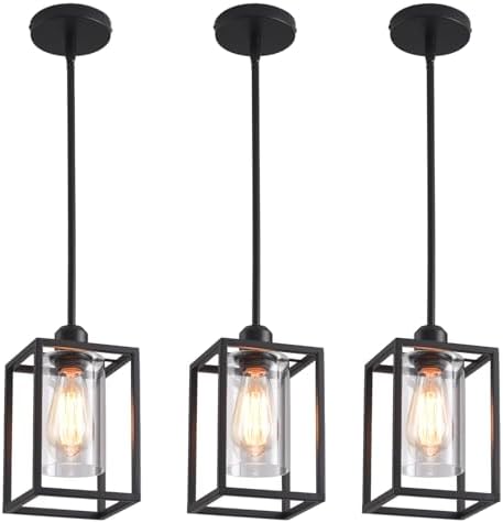 3 Pack Stem Rod Black Pendant Lights for Kitchen Island Industrial Lantern Pendant Light Fixtures with Clear Glass Shade, Farmhouse Adjustable Height Hanging Pendant Lighting by AOJUNSANSAN
