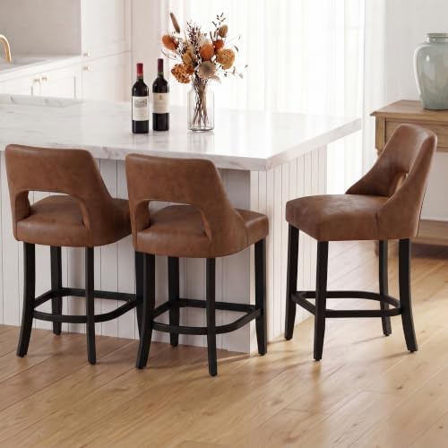 UVV Bar Stools Set of 2, Modern Upholstered Counter Height Bar Stools, Faux Leather Counter Stools BarStools with Wood Legs for Kitchen Island Dining Room Bar, Brown - Image 5