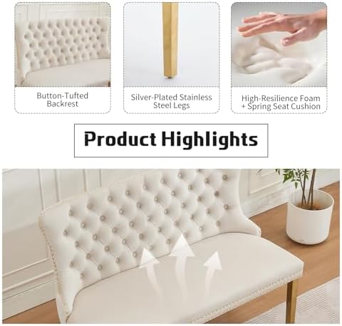 Beige Velvet Dining Bench with Back, Tufted Banquette Seating, Gold Legs - Image 4