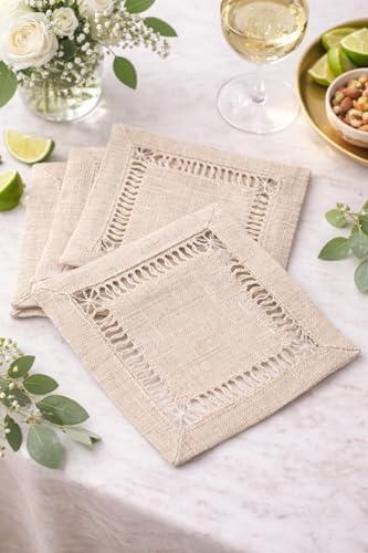 Fennco Styles Toscana Contemporary Hemstitched Linen Blend 6 x 6 Inch Coasters for Dinner Table, Picnic Table, Parties, Wedding Decorations, Natural, Set of 4 by FenncoStyles