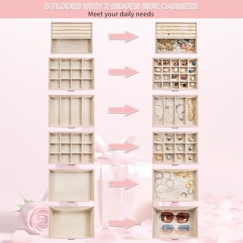 AKOZLIN 6-Tier Jewelry Box Organizer 5 Drawers Storage Extra Large Pink - Image 2