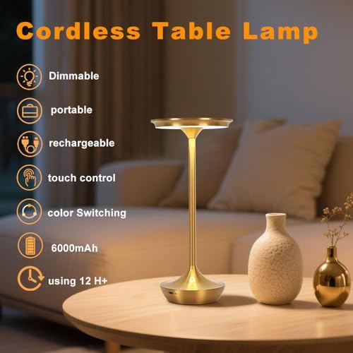 Rechargeable Cordless Table Lamp,Portable Outdoor 6000mAh Battery Operated LED Table Light Touch Control 3 Color Dimmable for Bedroom,Patio,Cofee,Camping,Dining,Restaurant&Livingroom-Gold - Image 2