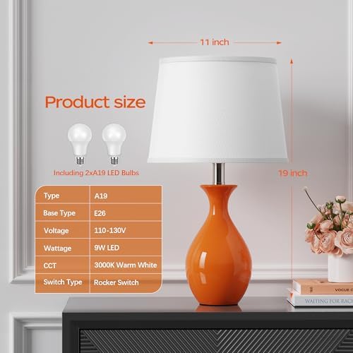 PARTPHONER Table Lamp Set of 2, Modern Ceramic Bedside Lamps for Night Stands, Classic Small Lamp Nightstand Lamp for Bedroom Living Room Desk End Table Rocker Swtich Orange - Image 2