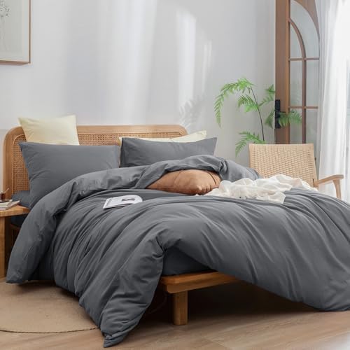 BESTOUCH Cotton Solid Duvet Cover Set Quiet Shade Grey Oversized Queen - Image 4