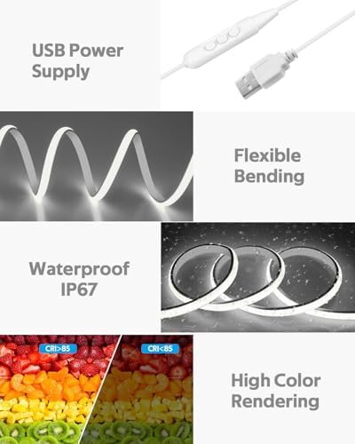 5V USB COB LED Light Strip with Dimmer 3.3FT Daylight White LED Rope Lights Indoor Tunable 6000K Super Density 320LEDs/M IP67 Waterproof LED Tape Light for Bedroom TV Backlight Mirror Decor - Image 2