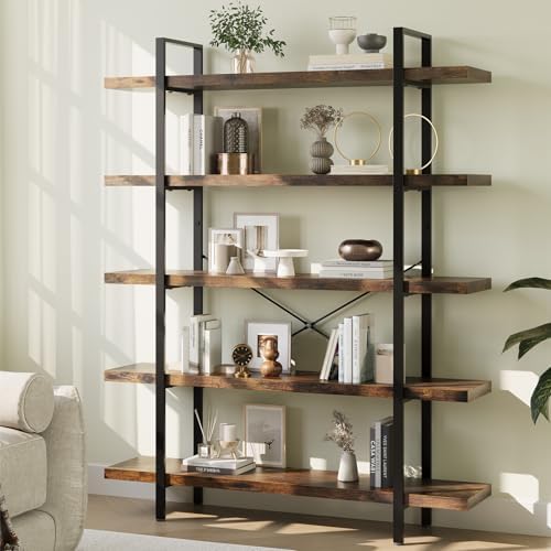 Heavy Duty 5 Tier Industrial Bookcase for Home Office, Rustic Brown by OtterOasis