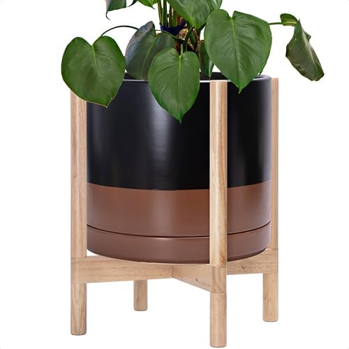 D'vine Dev Ceramic Pot with Natural Wood Stand, Black/Tan, 14 in, 55-B-R-7 by DvineDevPlanterPotsandStand