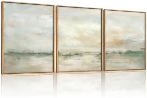 LHIUEM Abstract Green Gray Pastel Framed Canvas Wall Art,Neutral Landscape Wall Decor,Modern Watercolor Lake Artwork,Beige Textured Illustrations Art for Living Room,Bedroom,Office- 12"x16"x3 by LHIUEM