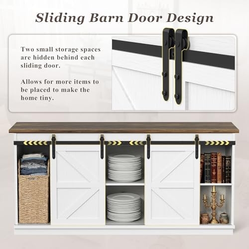 YESHOMY 58" Farmhouse TV Stand for TVs up to 65", Sliding Barn Doors, White - Image 5