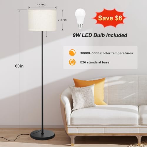 Ambimall Modern Standing Floor Lamp for Living Room & Bedroom with 3 Color Temperatures Bulb & Pull Chain Switch, 60" Tall with Beige Shade & Black Pole - Image 2