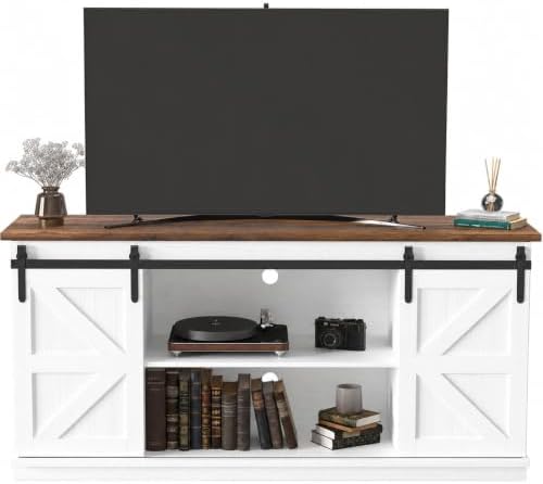 JUMMICO TV Stand for 65 Inch TV, Sliding Barn Doors, White by JUMMICO