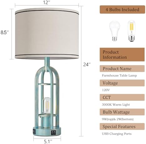 SRJJA 24" Farmhouse Table Lamps for Living Room Bedroom Set of 2, USB A+C - Image 6