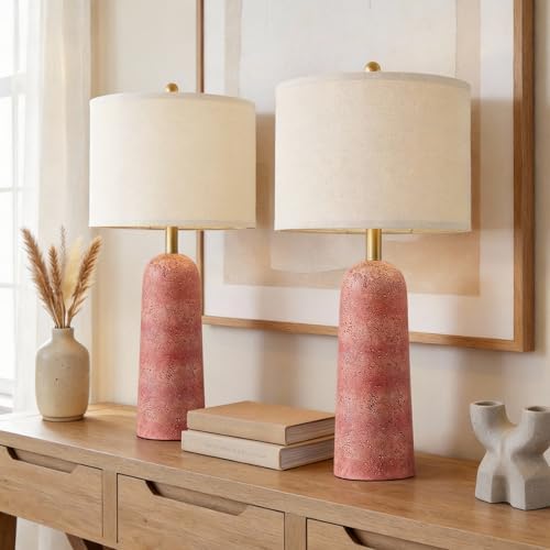 BOBOMOMO 27.25" Modern Table Lamp Set of 2, Red Resin Table Lamps with Stone Look, Lamps for Living Room with Linen Shades, Bedside Lamps for Bedroom Nightstand, Table Lamps for Living Room End Tables by BOBOMOMO