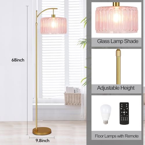 QIYIZM Pink Floor Lamp for Living Room,Bedroom,Gold Dimmable Standing Lamp with Remote,Mid Century Modern Brass Tall Lamp Boho Floor Lamps Arc Stained Glass Flower Floor Light Lamp Girls kids Bohemian - Image 5
