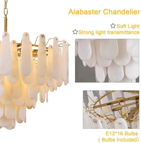 Alabaster Chandelier, D31.5 in Modern Feathery Round Chandelier, 6-Tiers Luxury Large White Marble Brass Chandeliers for Dining Room Bedroom Foyer Living Room Entryway - Image 5