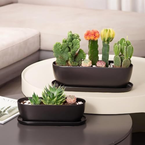 E-liu 11 Inch Oval Ceramic Planter Pot with Drainage Hole Saucers - Image 6