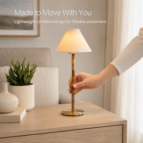 Bamboo Cordless LED Table Lamp – Rechargeable 24-Hour Battery, Dimmable Warm Light, Portable Wireless Lamp with Remote for Indoor/Outdoor Use, Home, Patio, Restaurant – (WHITE LINEN), 14.95" Tall - Image 5